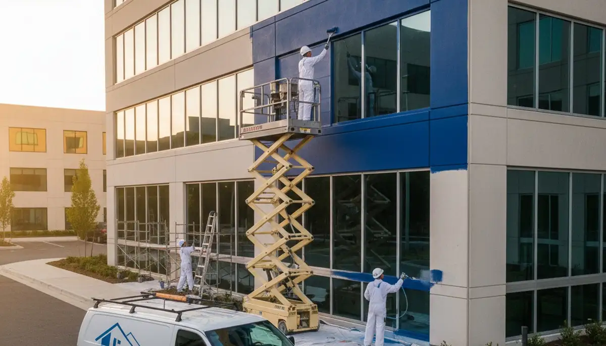 Professional commercial painters finishing retail exterior in Baltimore, MD