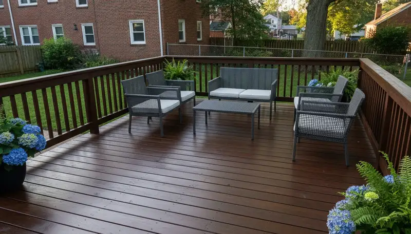 Finished deck staining in Baltimore MD showing restored wood deck with rich finish and weather protection