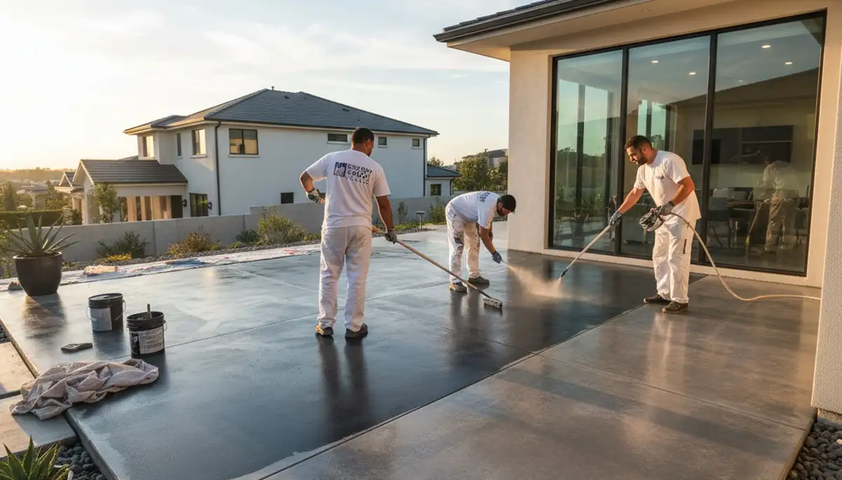 Professional concrete staining on residential patio by house painters in Baltimore, MD