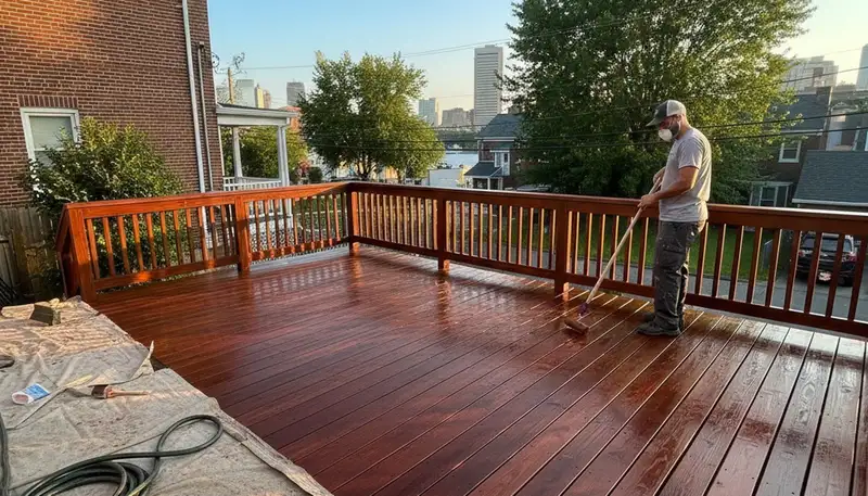 Professional deck staining in Baltimore MD enhancing wood color and protecting against UV and moisture damage