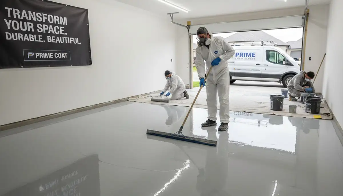 Epoxy garage floor coating in Baltimore MD with durable, glossy finish by professional painters