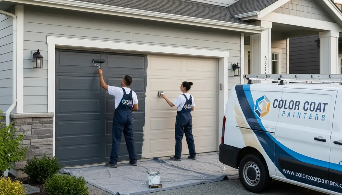 Professional garage door painting in Baltimore, MD by expert house painters enhancing curb appeal