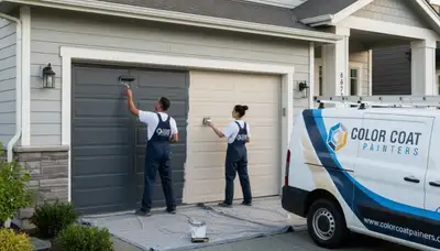 Professional garage door painting in Baltimore, MD by expert house painters enhancing curb appeal