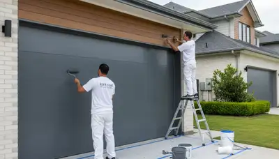 Professional painters refinishing a garage door in Baltimore, MD with durable exterior paint finish