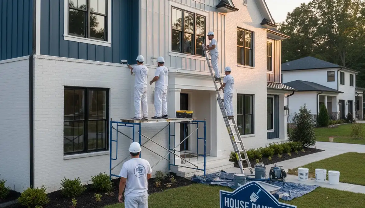Professional house painters in Baltimore MD applying exterior paint to a residential home