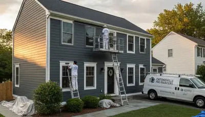 Professional house painters working on residential exterior in Baltimore, MD