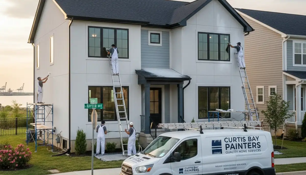 Professional house painters working on residential exterior in Baltimore, MD