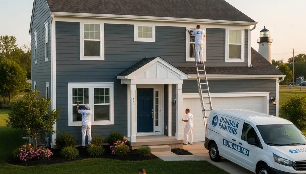 Professional house painters working on exterior home in Baltimore, MD