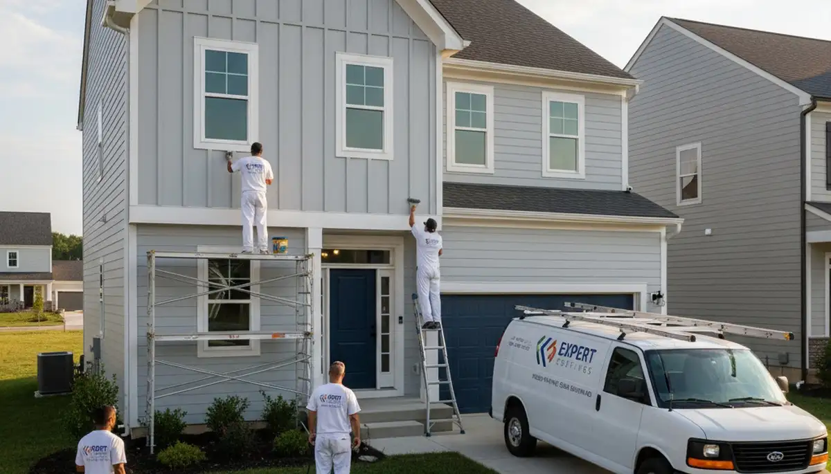 Professional house painters in Baltimore MD applying exterior paint to a suburban home façade