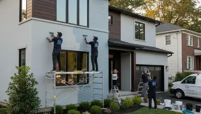Professional house painters working on exterior home in Baltimore MD