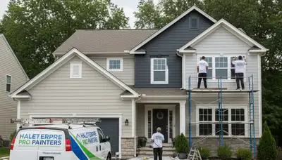 Professional house painters in Baltimore MD applying fresh exterior paint to a residential home