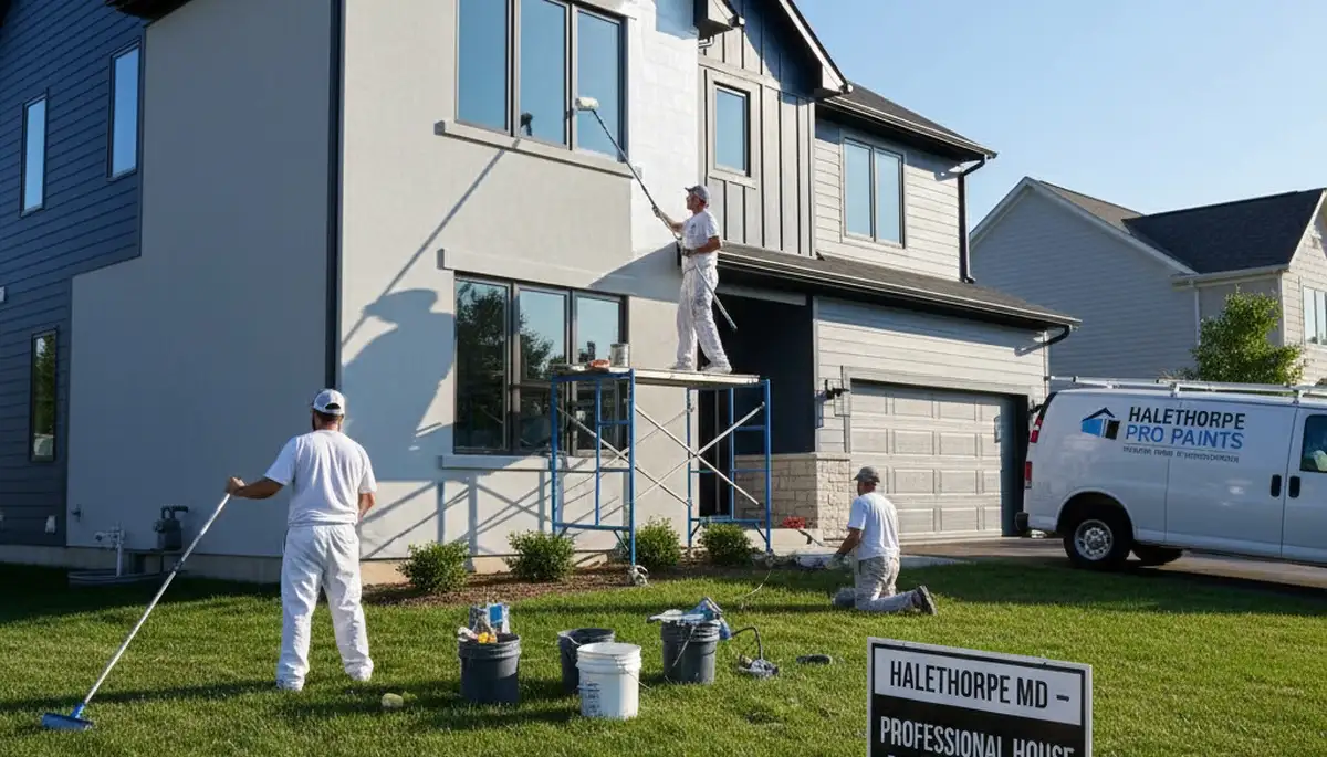 Professional house painters working on residential exterior in Baltimore, MD