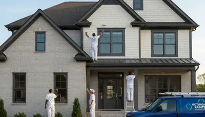 Professional house painters in Baltimore MD applying exterior paint to a residential home façade