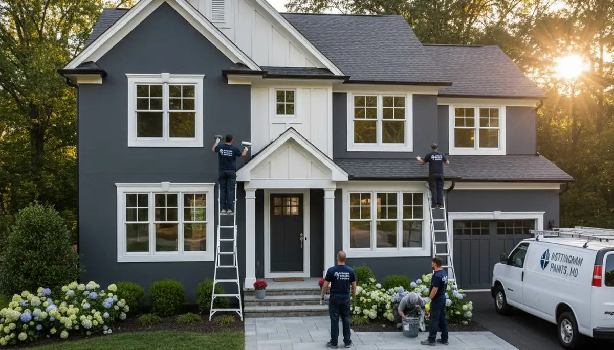 Professional house painters in Baltimore MD applying exterior paint to a residential home