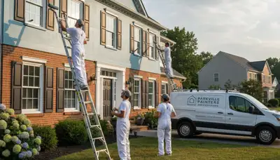 Professional house painters working on exterior home in Baltimore, MD