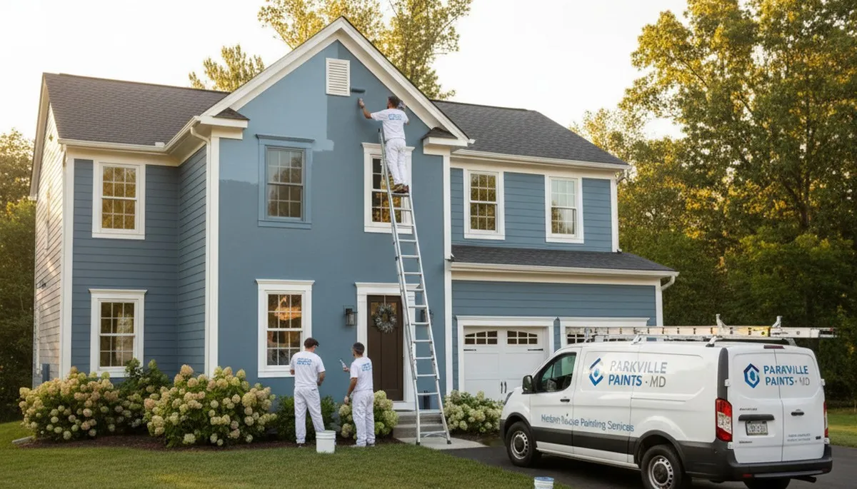 Professional house painters in Baltimore MD applying exterior paint to a residential home