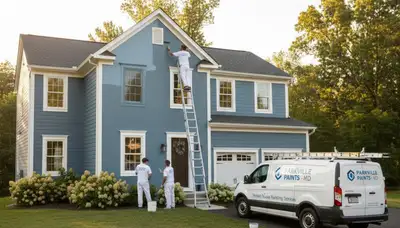 Professional house painters in Baltimore MD applying exterior paint to a residential home