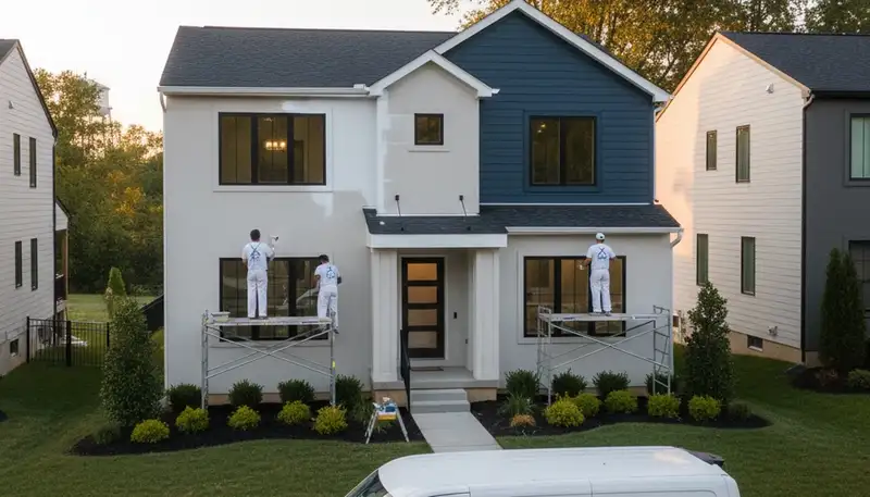 House painters in Baltimore, MD painting a home exterior for professional residential painting service