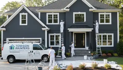 Professional house painters in Baltimore MD applying fresh exterior paint to residential home