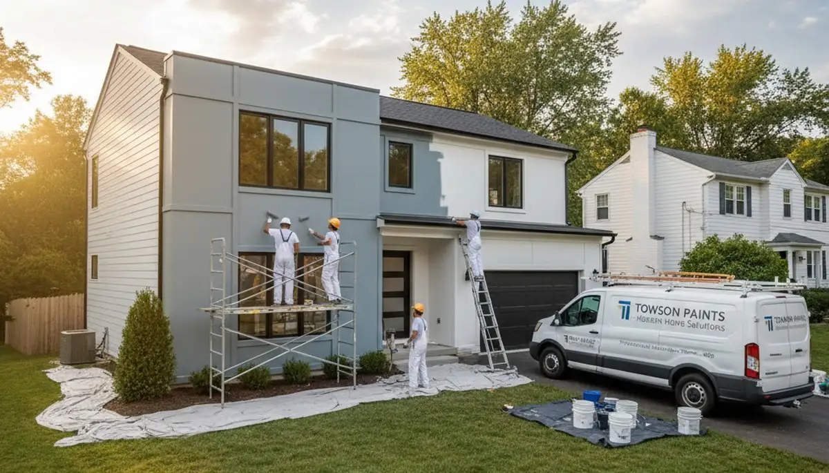 Professional house painters in Baltimore MD applying exterior paint to residential home