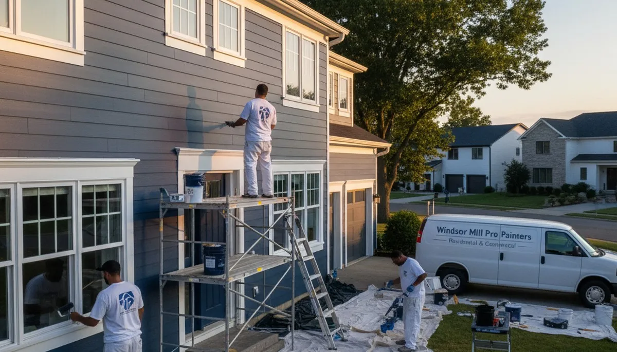 Professional house painters in Baltimore MD applying exterior paint to a residential home