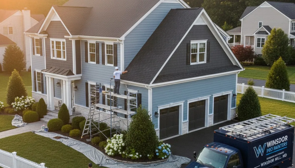 Professional house painters in Baltimore MD applying exterior paint to a residential home