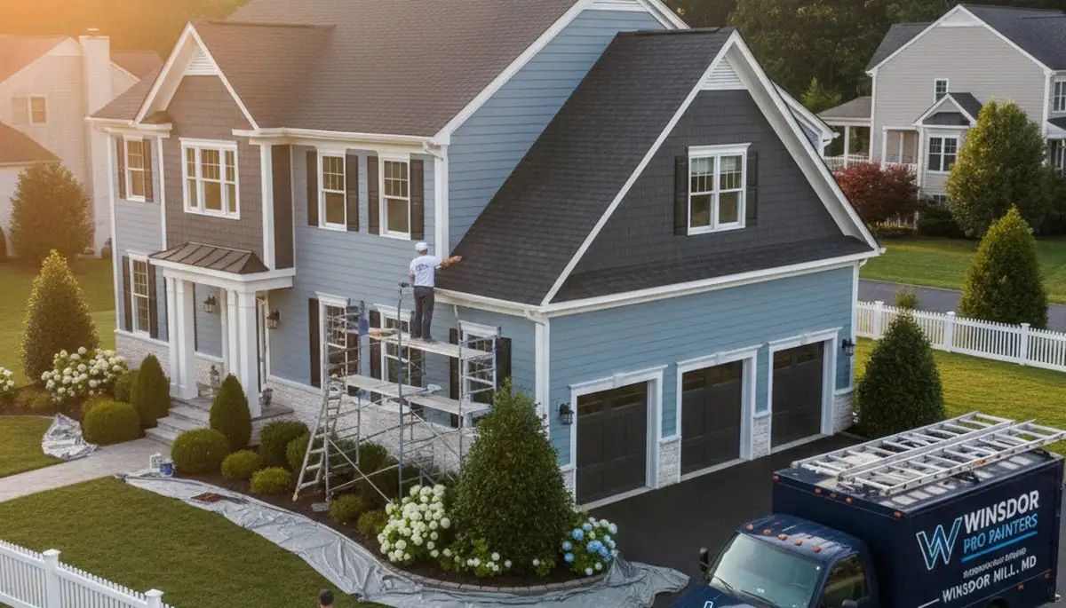 Professional house painters in Baltimore MD applying exterior paint to a residential home