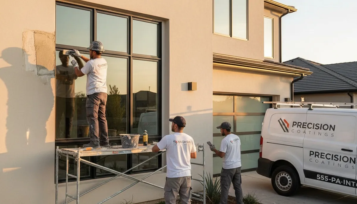 Professional stucco repair on Baltimore, MD home exterior by expert house painters restoring wall finish
