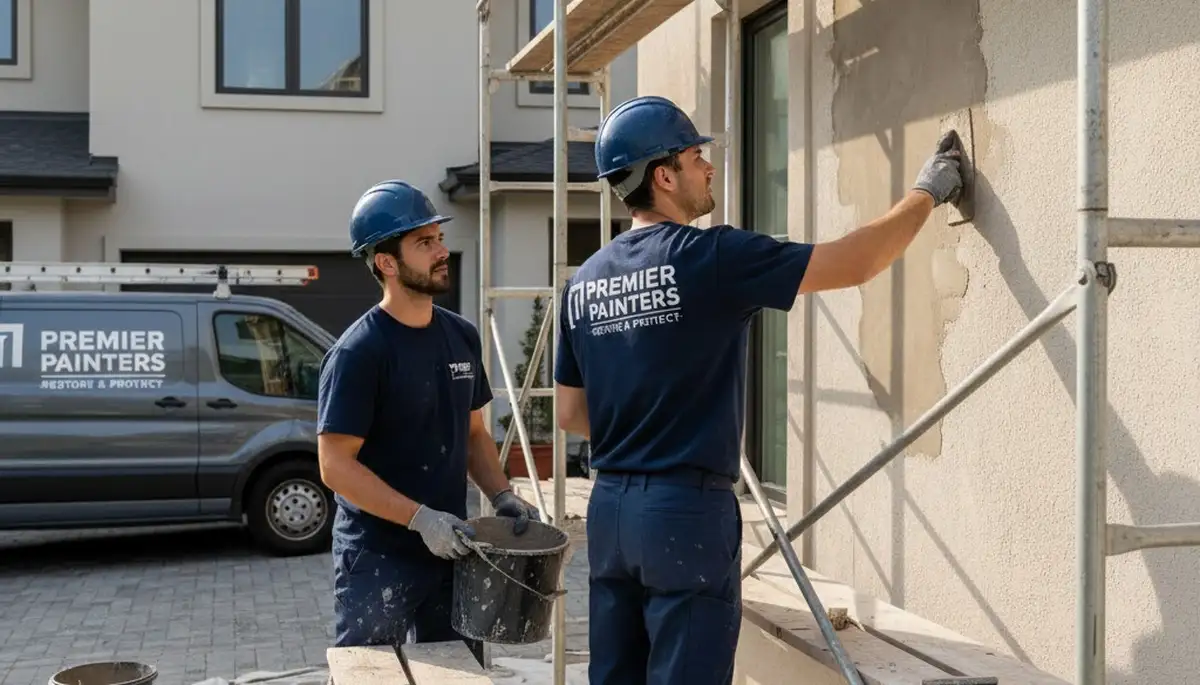 Professional stucco repair on Baltimore, MD home exterior by expert local house painters
