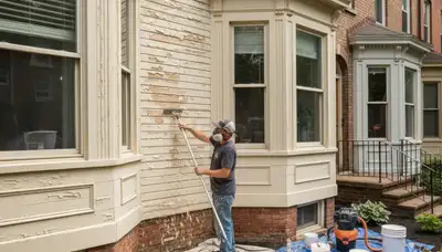 Professional painters preparing exterior surfaces for new paint on a home in Baltimore, MD