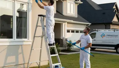 Professional trim and fascia painting on Baltimore MD home exterior by expert house painters